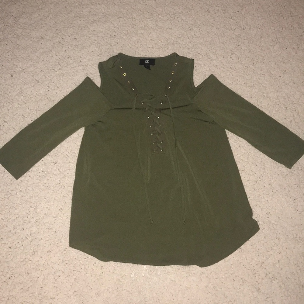 Army Green Cold Shoulder Lace Up Shirt